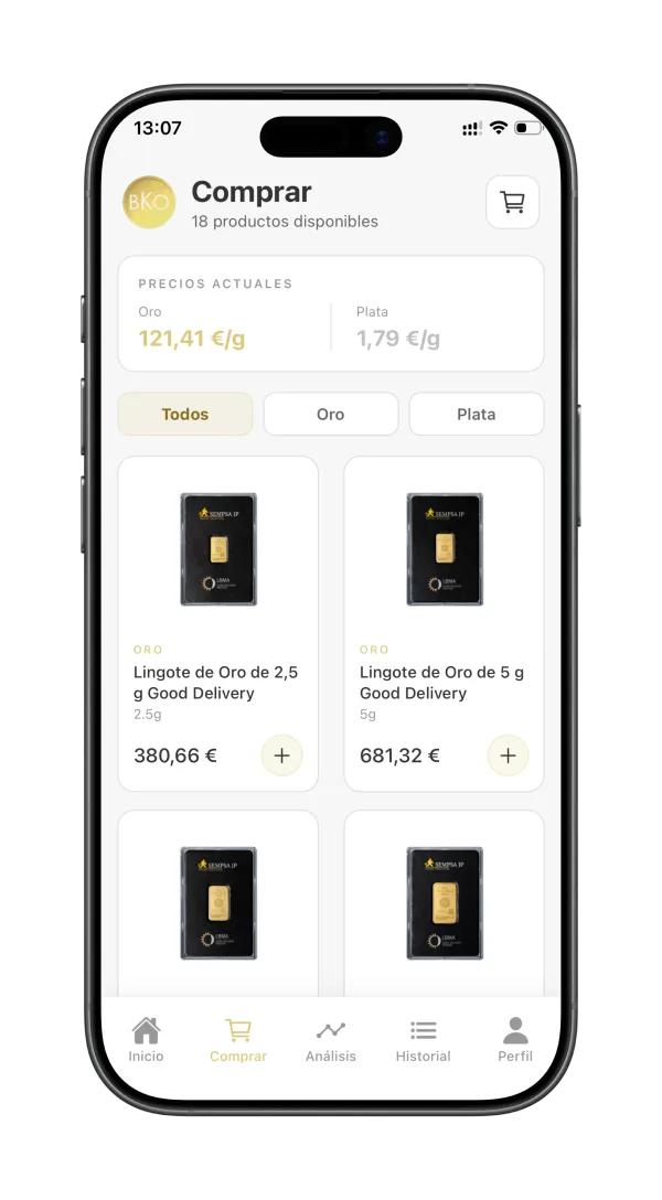 Pantalla de compra de oro y plata de la app de Valoro